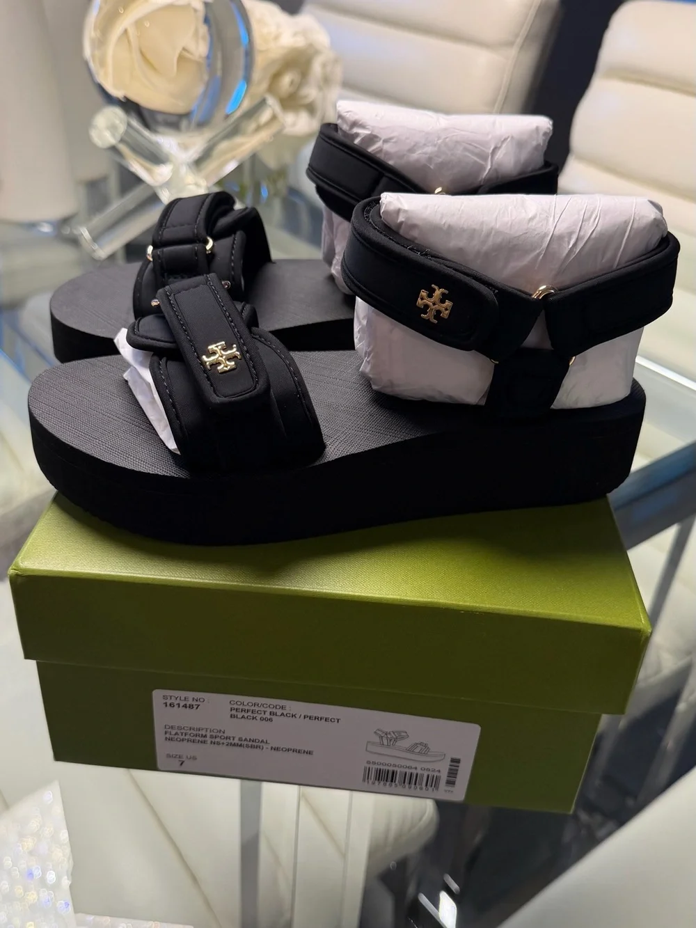 Tory Burch Black Platform Sandals with Gold Logo